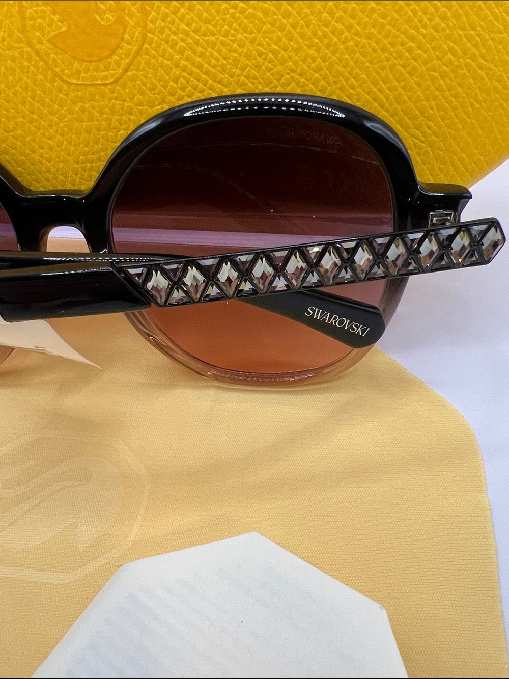 Swarovski Black Frame Sunglasses with Crystal-Accent Temples - Black/Brown - Picture 3 of 15